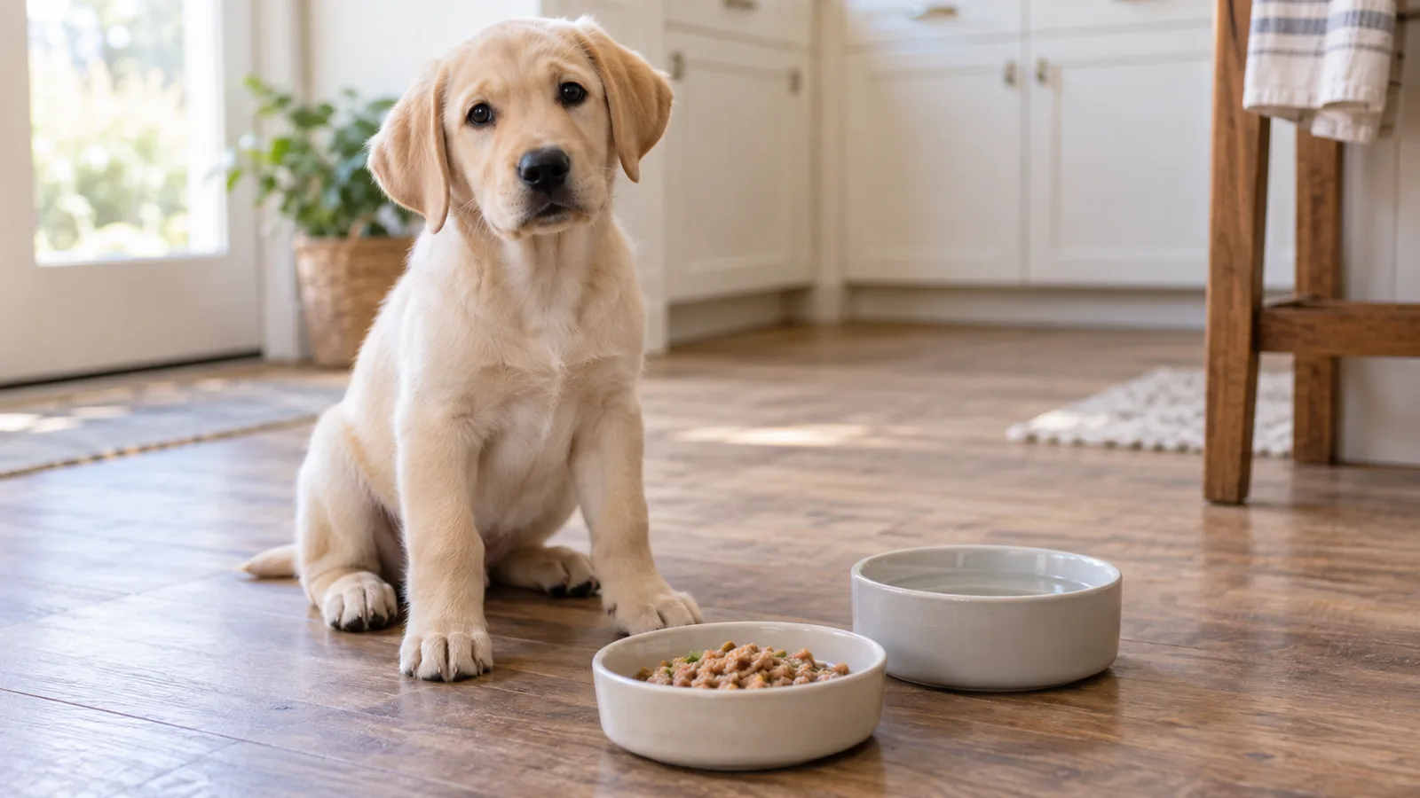 A Golden Retriever puppy sitting politely beside a bowl of fresh cooked dog food in a home kitchen