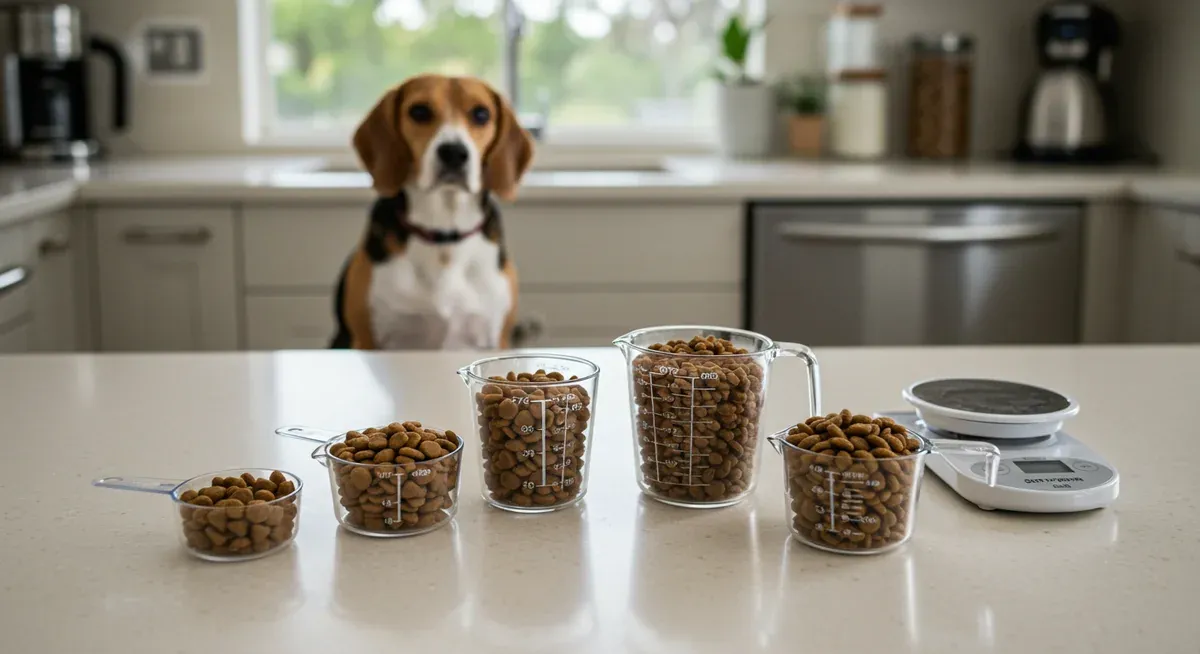 A beagle puppy sitting near a person measuring dry puppy food with a measuring cup next to a sealed kibble bag on a kitchen counter