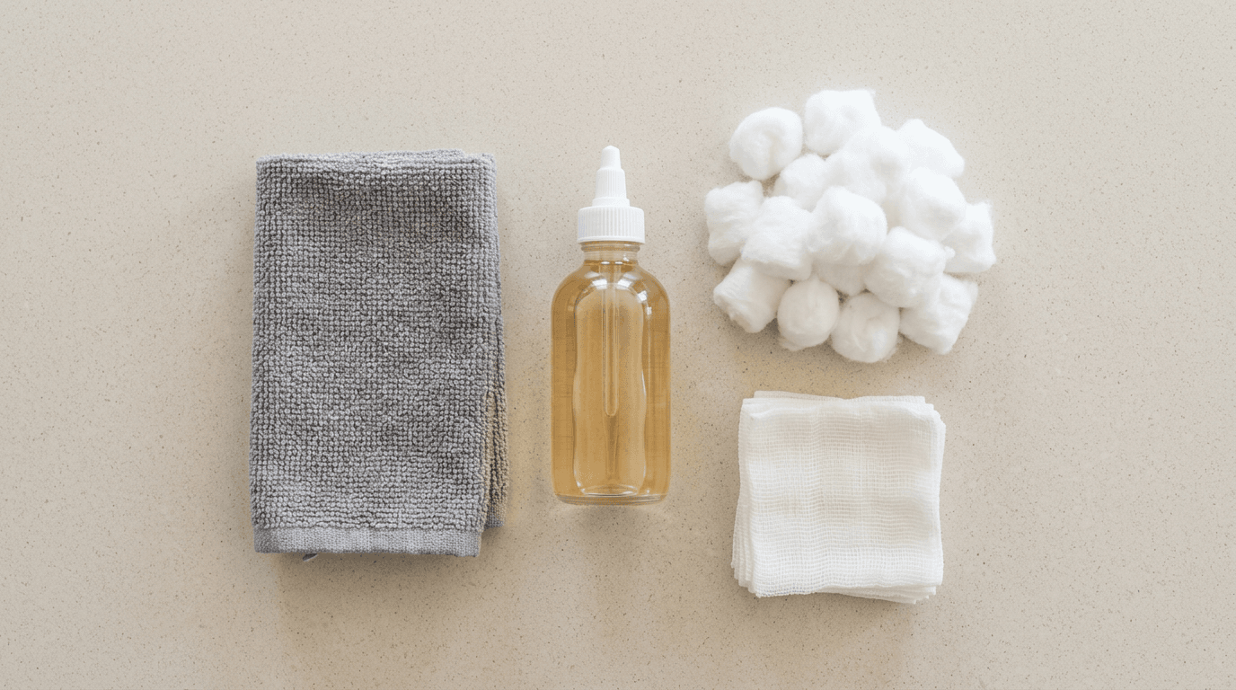 A bottle of dog ear cleaning solution next to cotton balls, gauze squares, and a folded towel laid out on a kitchen counter