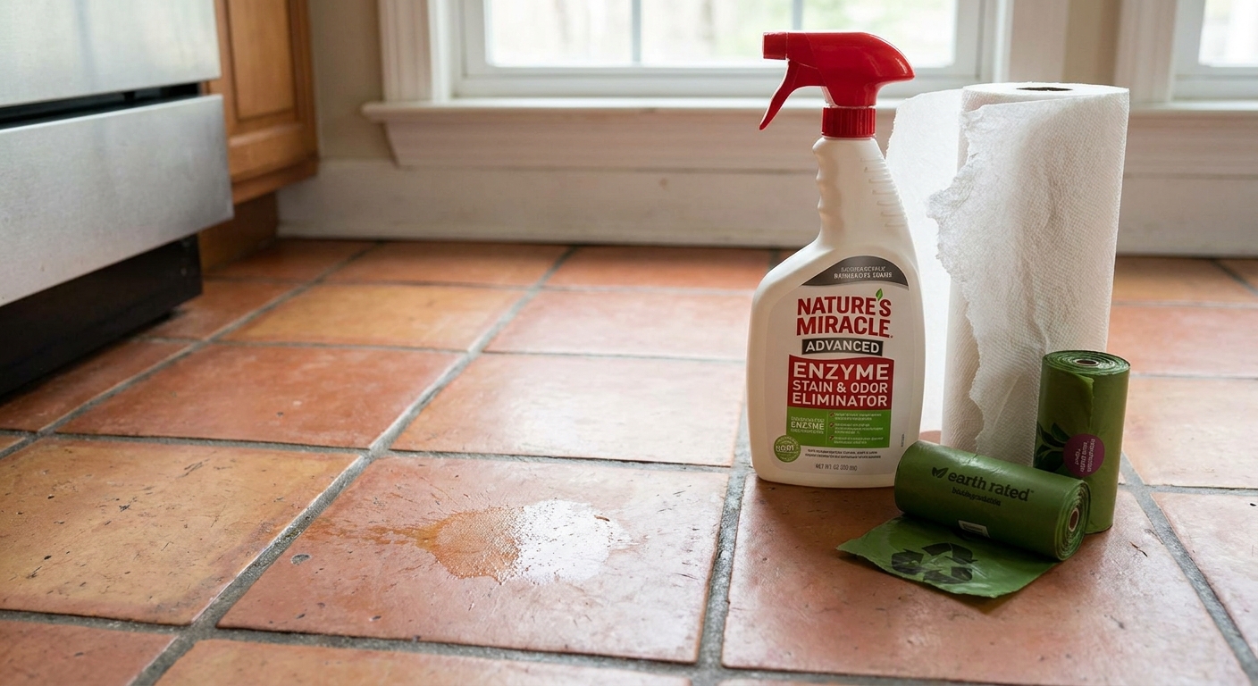 A bottle of enzyme pet stain cleaner on a kitchen floor next to paper towels and a roll of waste bags.