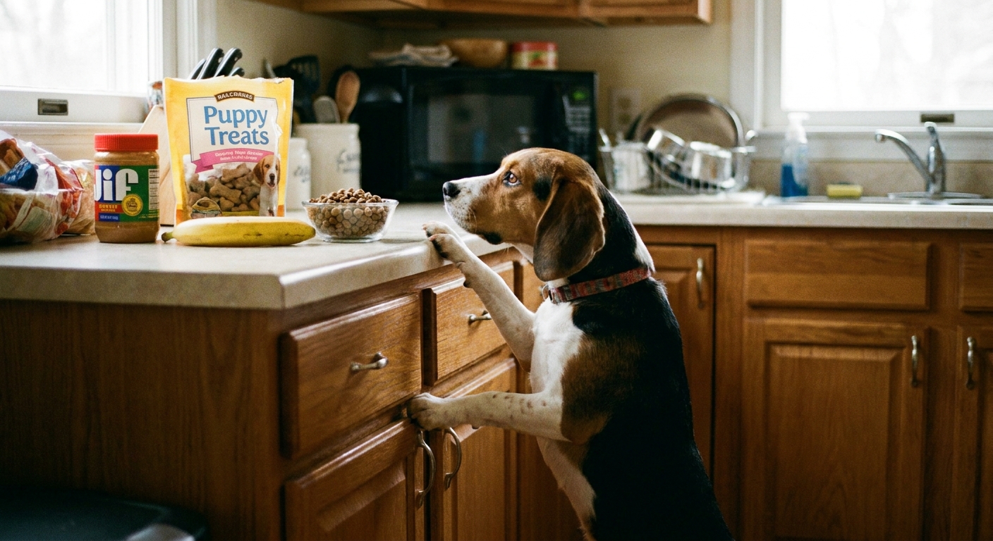 A curious Beagle puppy standing with front paws on a kitchen cabinet looking toward a countertop with snack items out of reach
