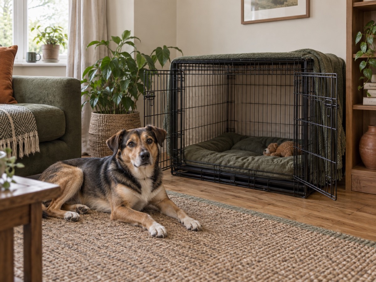 A medium-sized puppy lying on a dog bed placed beside an open wire crate in a cozy bedroom