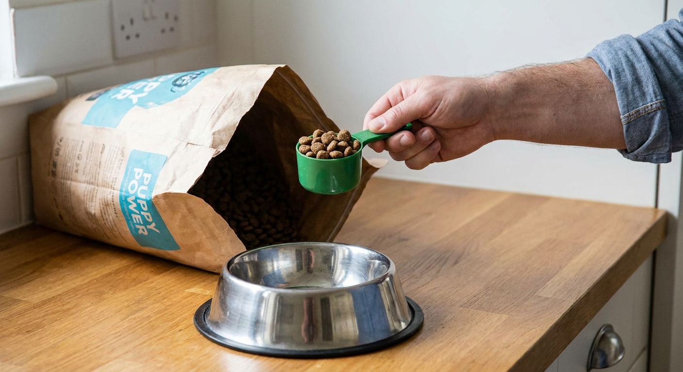 A person holding a measuring scoop over a bag of puppy kibble next to a clean feeding bowl on a counter