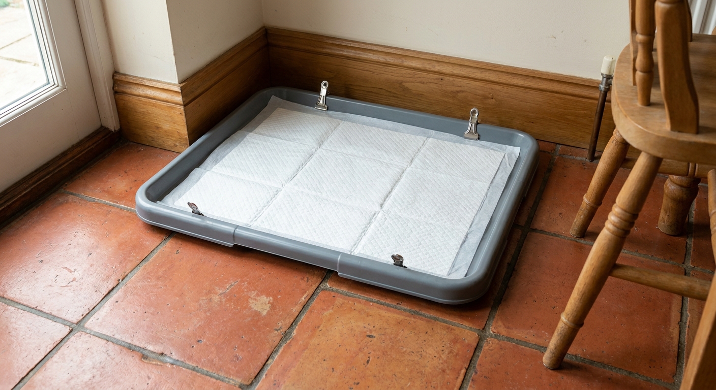 A plastic pee pad holder tray on a kitchen floor with a clean training pad secured inside