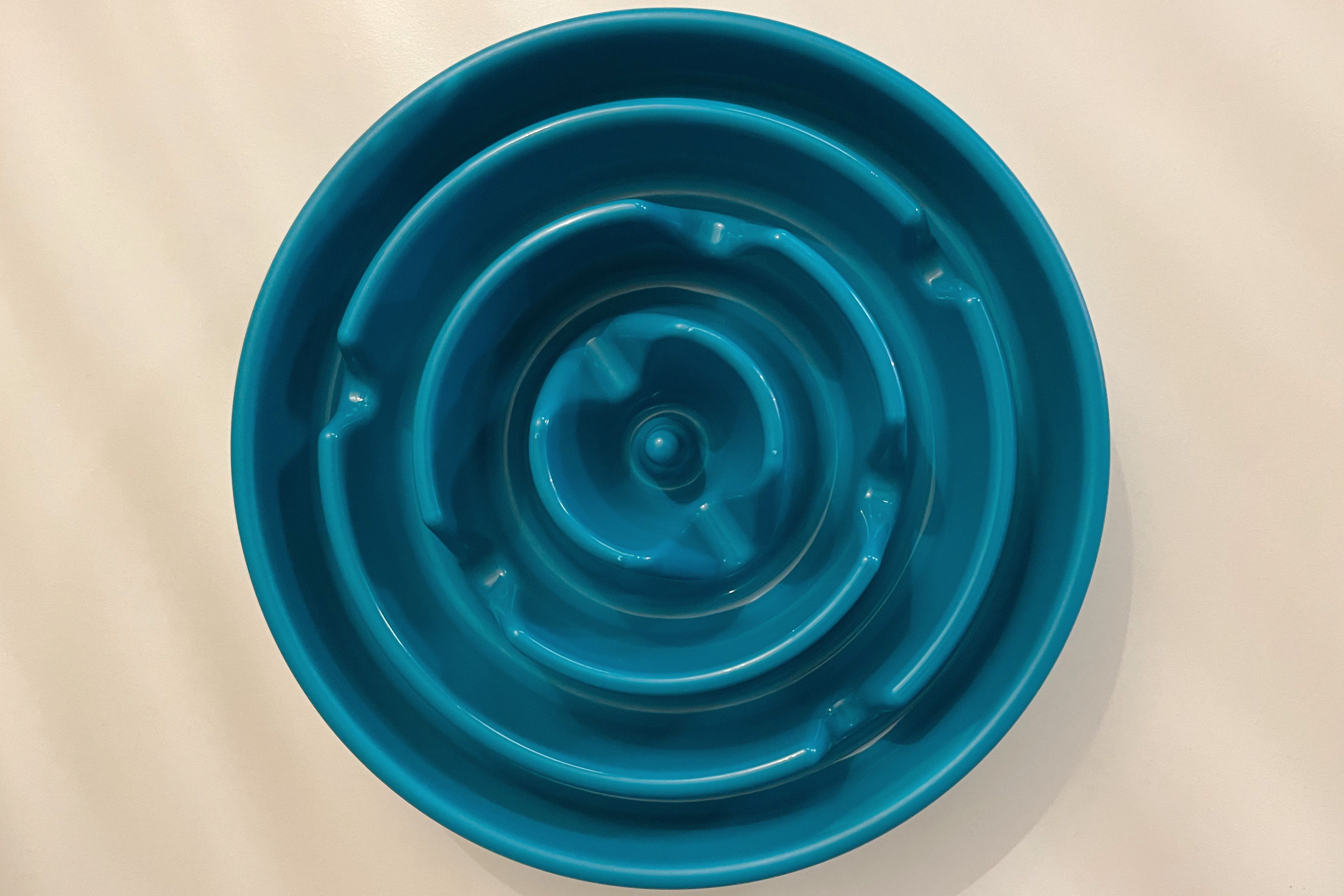 A puppy eating kibble from a silicone slow feeder bowl with raised ridges on a clean kitchen mat