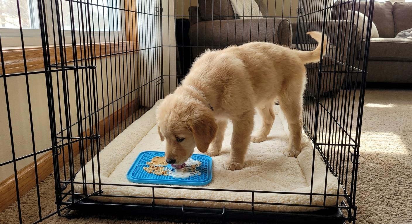 A puppy inside an open crate calmly licking a rubber lick mat placed on a crate pad while the door remains open