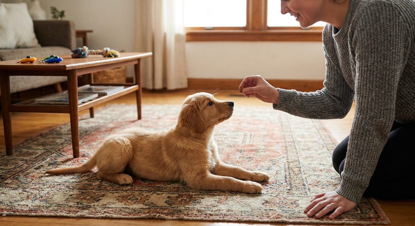 A puppy lying down on a rug with front paws stretched forward while an owner rewards with a small treat, calm indoor training moment