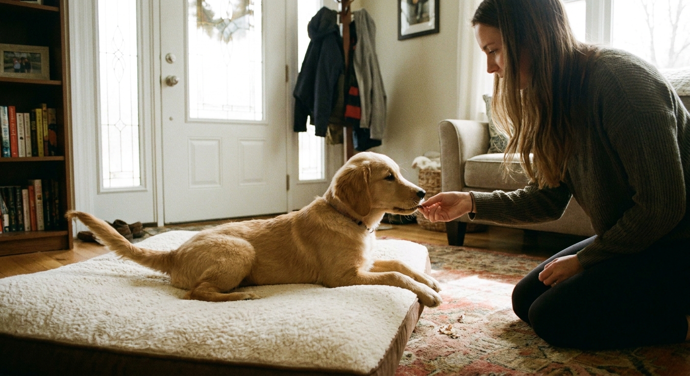 A puppy lying on a small dog bed in a living room while the owner rewards with a treat, with the front door visible nearby