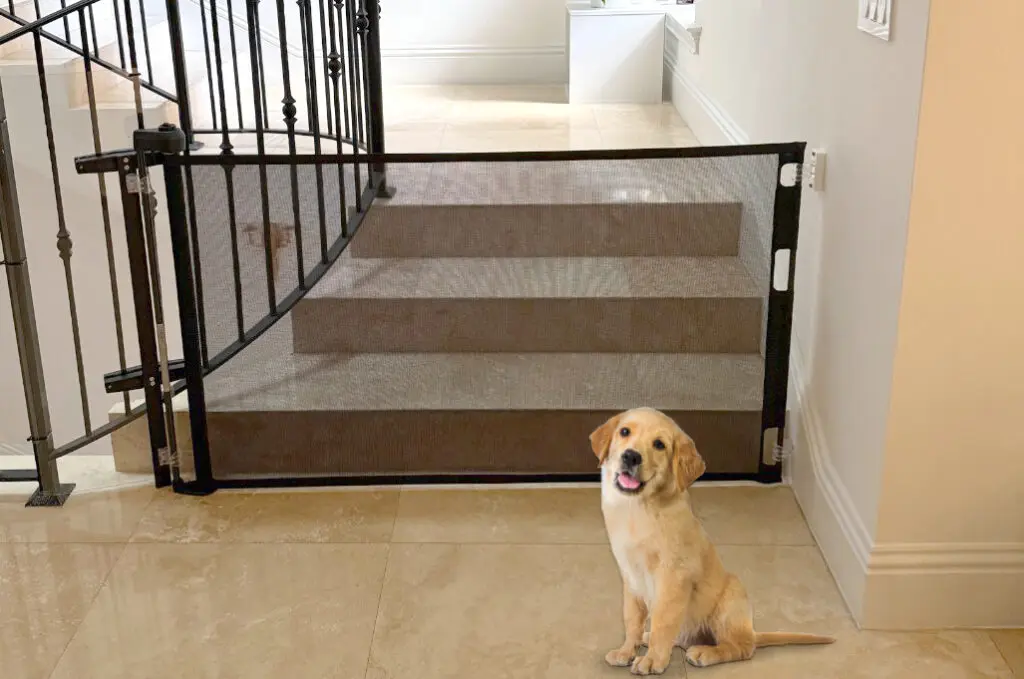 A puppy-safe hallway blocked with a baby gate, with a dog bed and water bowl set up for nighttime