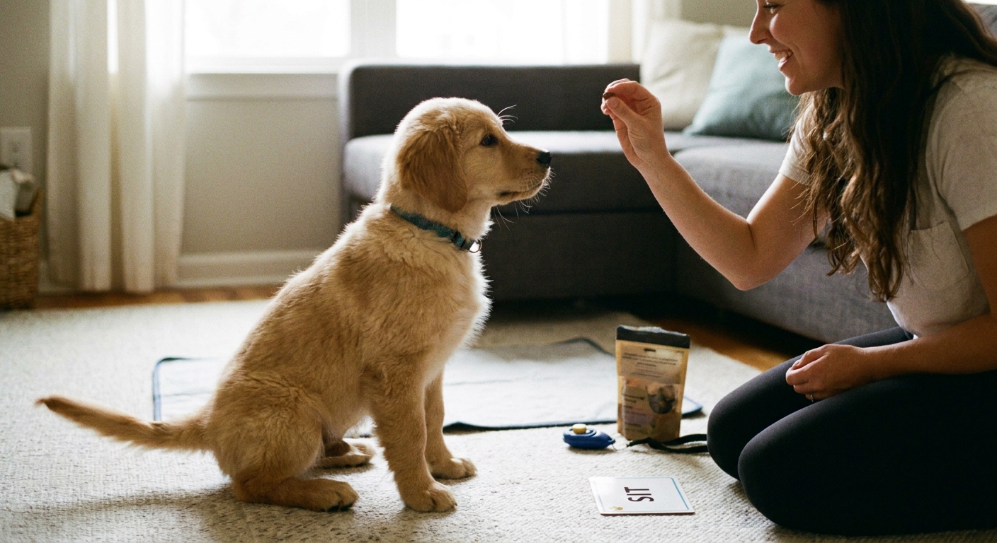 A puppy sitting and looking up attentively at a person holding a small treat indoors during a short training session