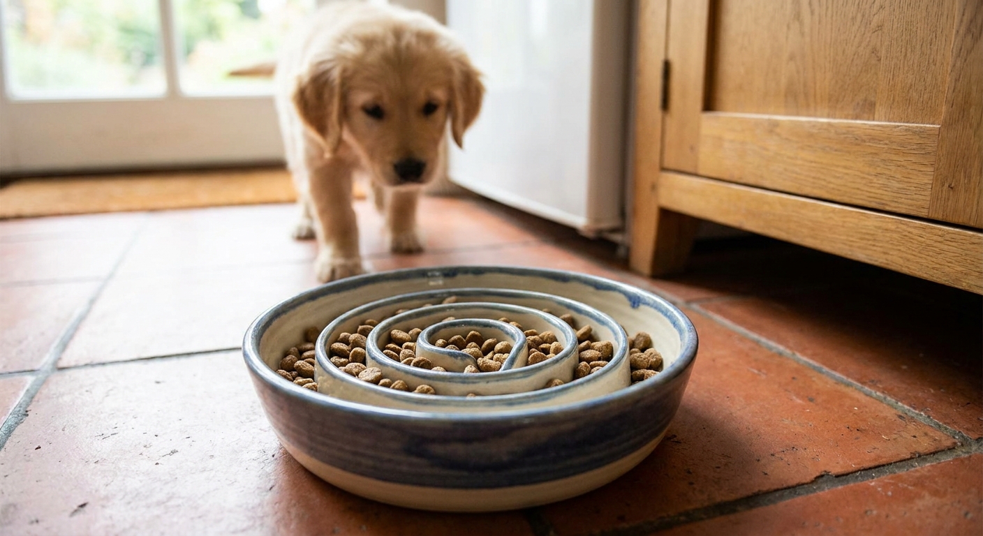 A puppy-sized slow feeder bowl on a kitchen floor with dry kibble spread in the grooves