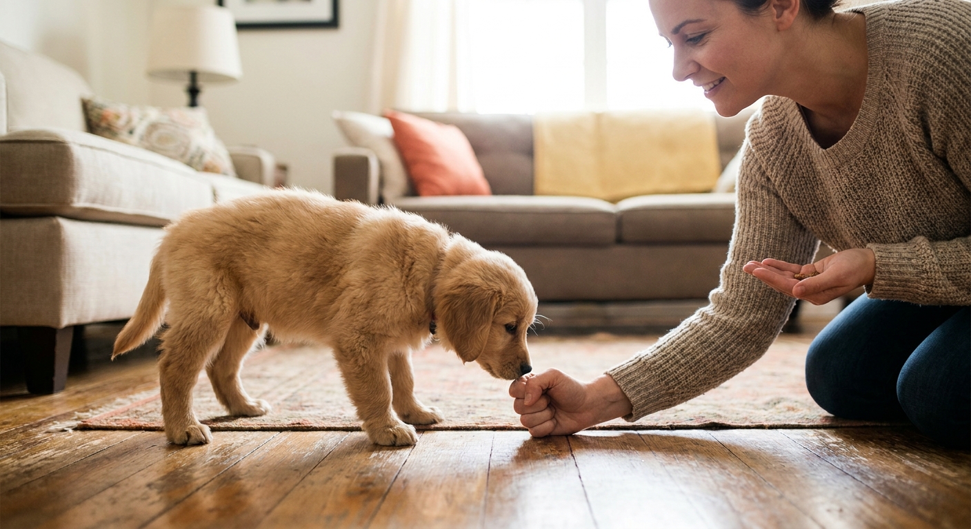 A puppy sniffing a closed fist on the floor while an owner waits calmly, preparing to reward for leaving the treat alone