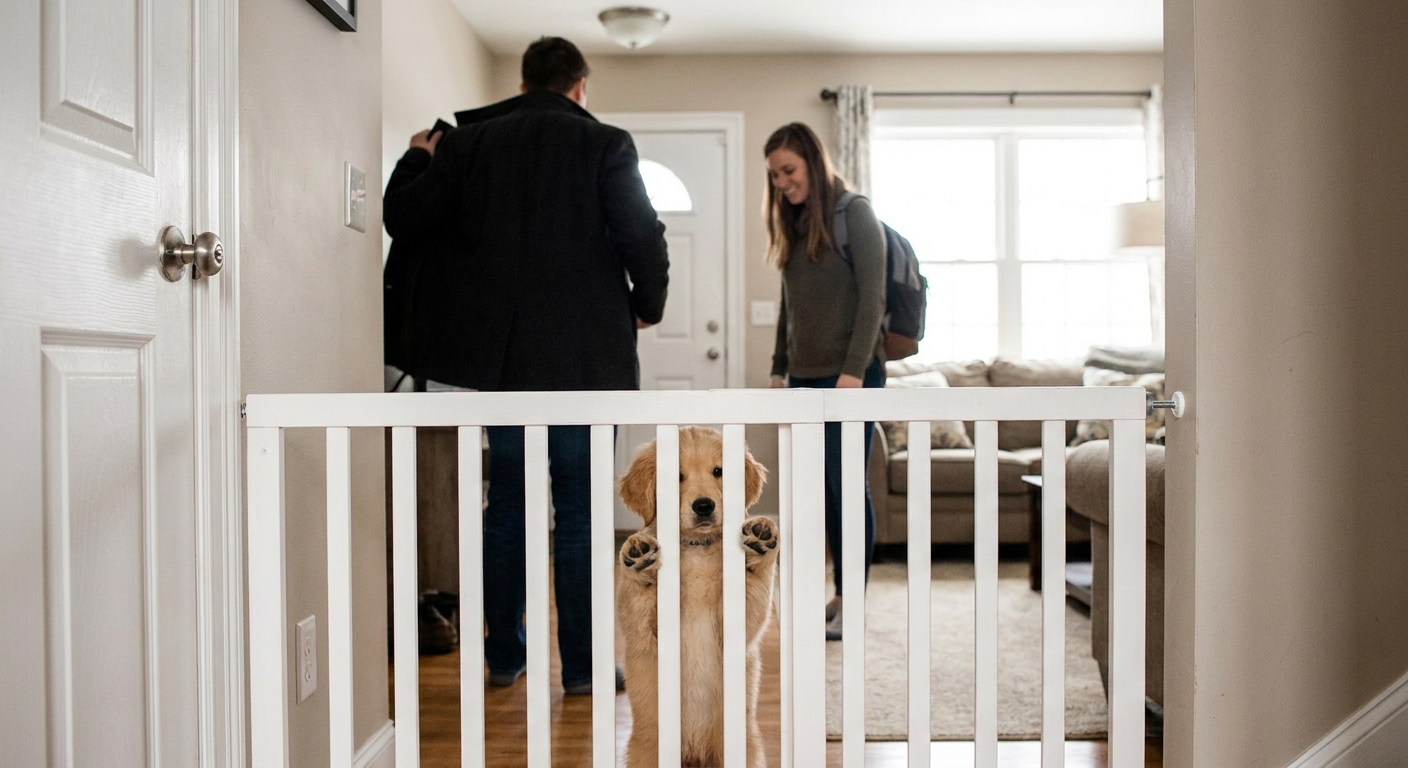 A puppy standing behind a baby gate watching a visitor enter the home while the visitor looks away and stands calmly