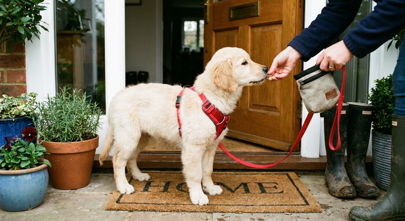 A puppy wearing a harness and leash standing on a doormat while the owner holds the leash and a treat pouch near the front door