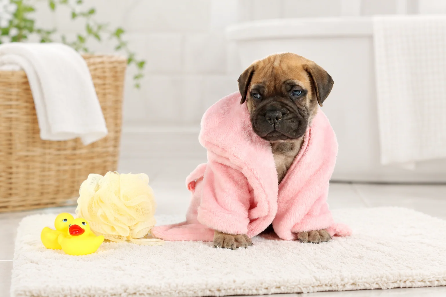 A set of puppy bath supplies laid out on a bathroom counter including a soft towel, gentle dog shampoo, a rubber non-slip mat, a cup for rinsing, and small training treats