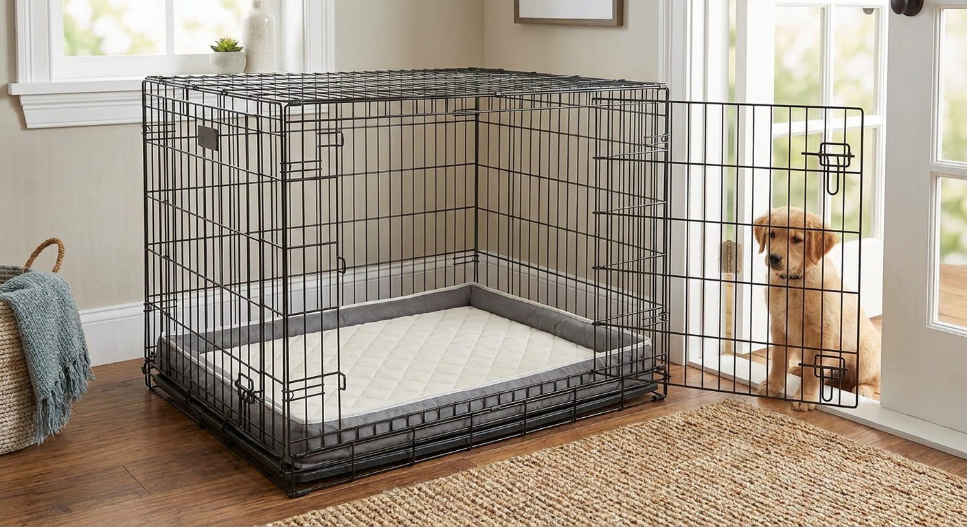 A simple washable crate pad placed neatly inside a wire dog crate, with a small puppy sitting at the doorway