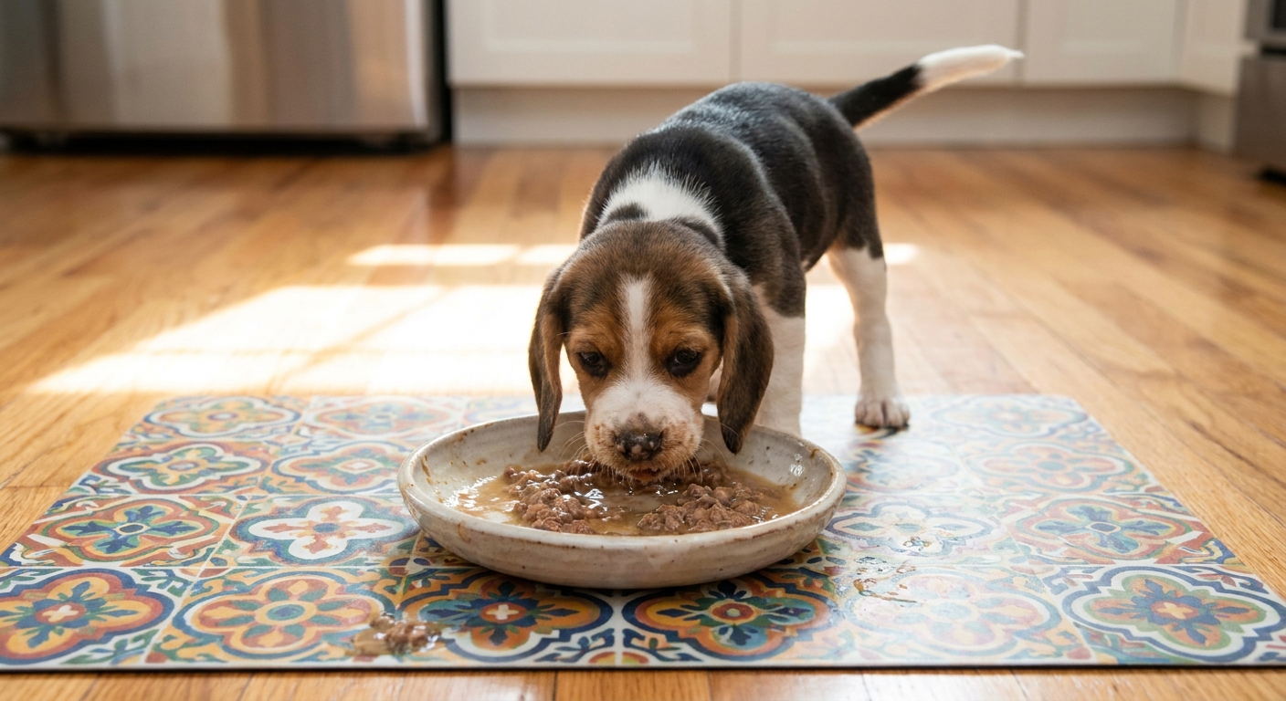 A small Beagle puppy eating wet puppy food from a shallow ceramic bowl on a washable mat