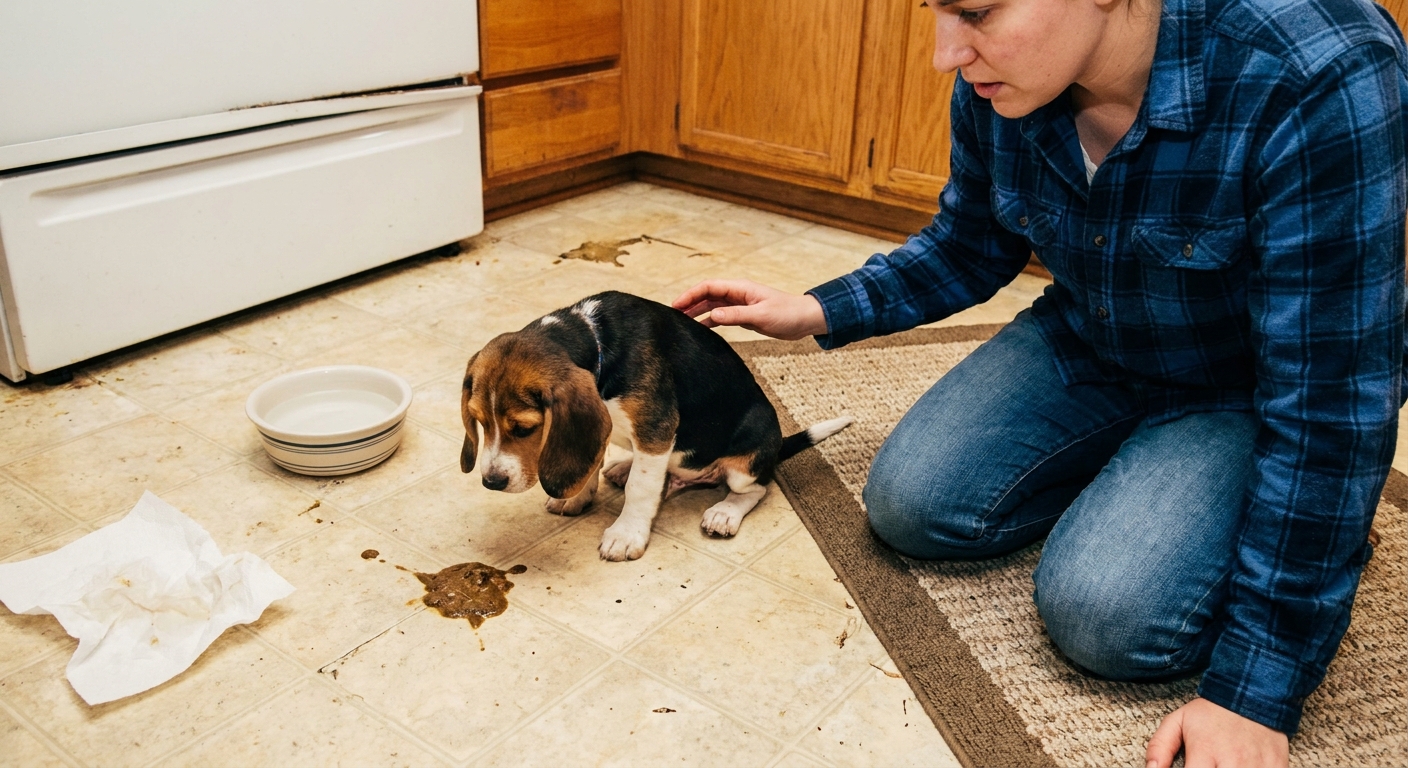 A small beagle puppy sitting on a kitchen floor looking nauseous beside a small mess, with a worried owner kneeling nearby