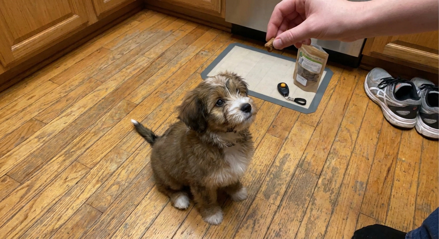 A small mixed-breed puppy sitting on a kitchen floor while an owner holds a treat just above the puppy’s nose, clear training setup