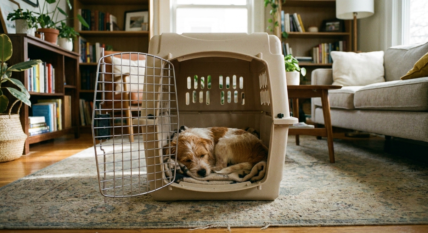 A small mixed-breed puppy sleeping curled up inside a plastic airline-style dog crate with the door open in a quiet living room