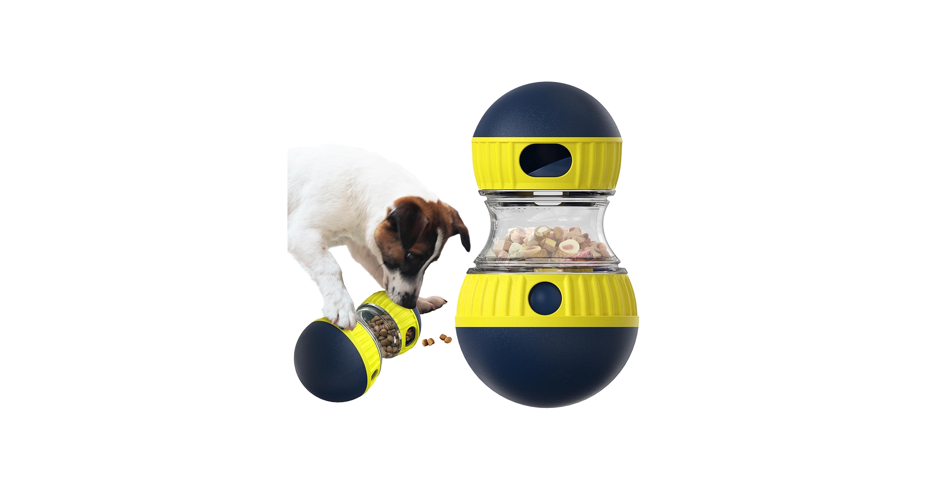 A small puppy batting a food-dispensing toy on a living room floor while kibble pieces scatter nearby