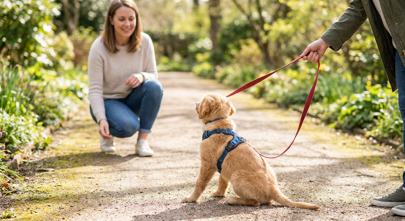 A small puppy leaning backward in a harness while an owner keeps the leash loose and calmly steps closer to reduce tension