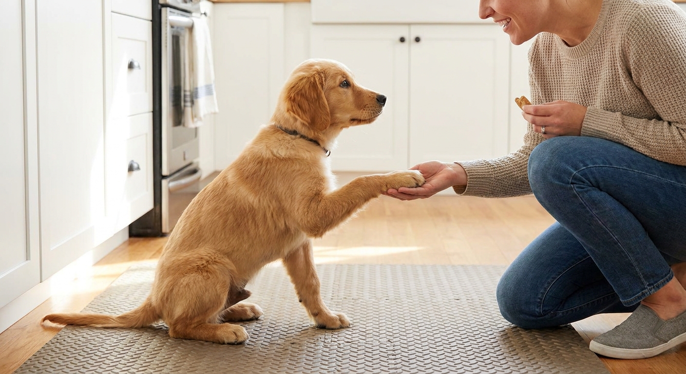 A small puppy offering a paw to an owner while receiving a treat, showing relaxed body language on a non-slip mat
