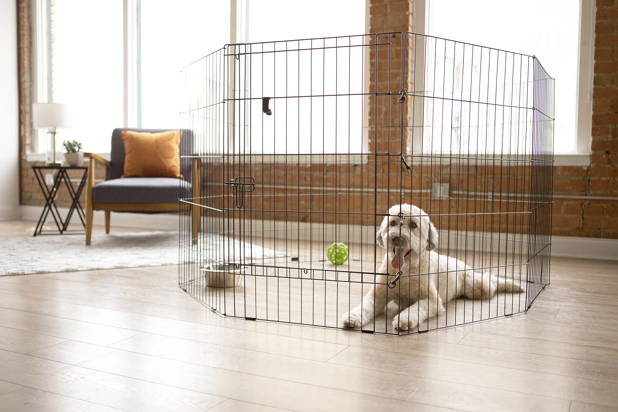 A small puppy playing with a chew toy inside an indoor exercise pen that includes a bed and a few safe toys on a hard floor