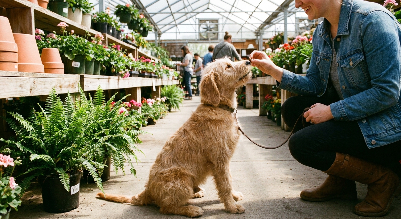 A small puppy sitting calmly in a garden center aisle beside potted plants while an owner offers a treat