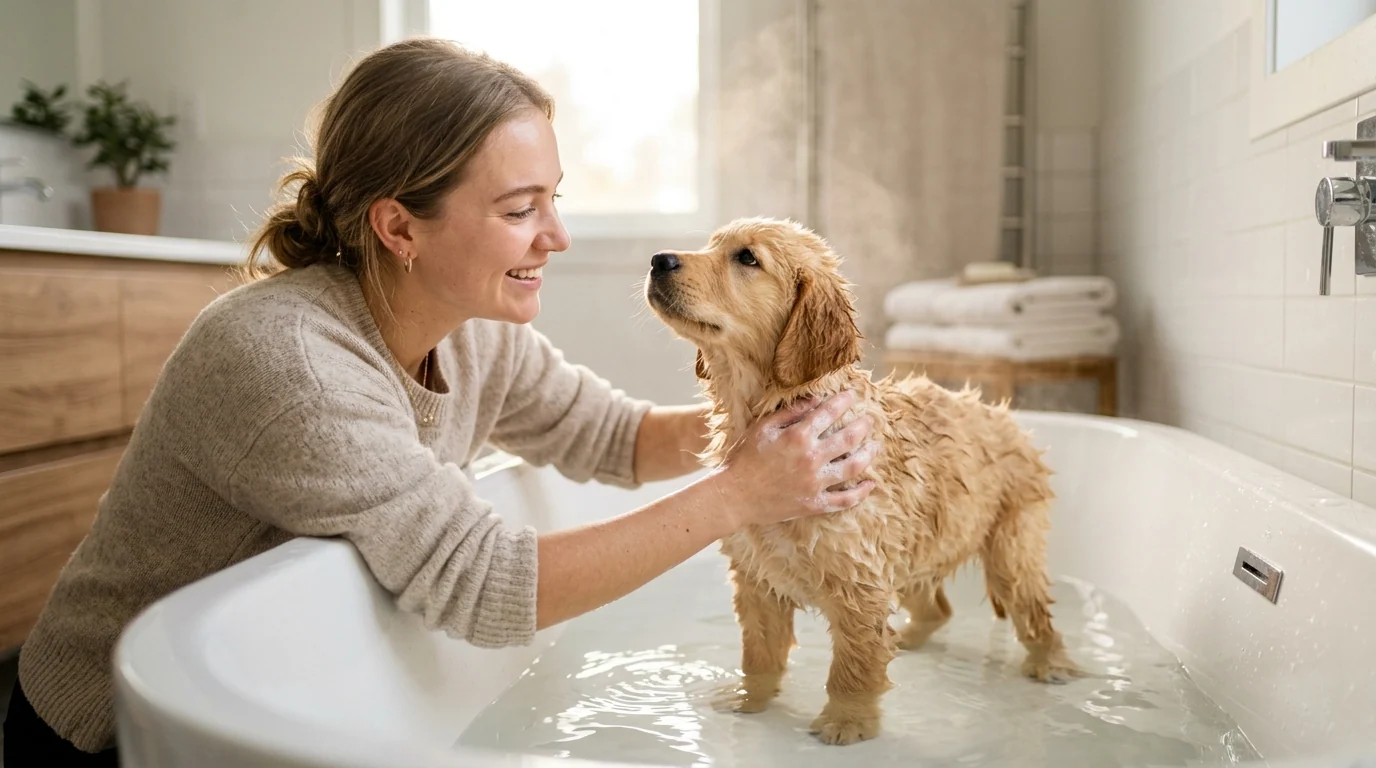 A small puppy standing calmly in a kitchen sink on a rubber mat while an owner gently wets the coat with a handheld sprayer