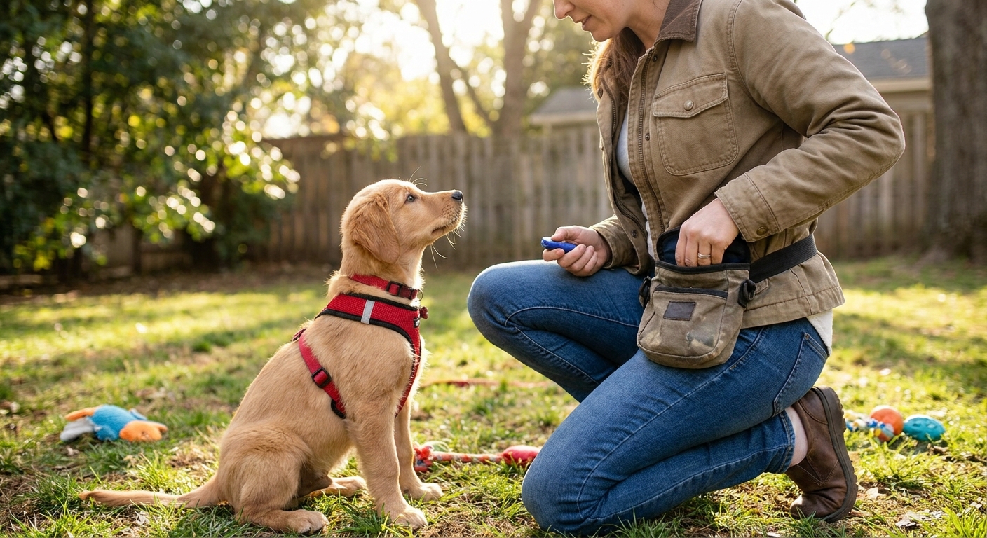 A small puppy wearing a harness during a backyard training session while an owner reaches into a treat pouch on their waist