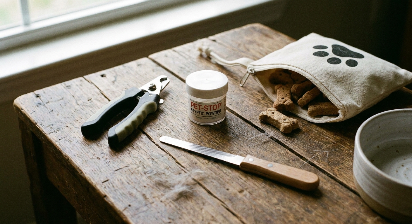 A small set of dog grooming supplies on a table including a pet nail clipper, styptic powder container, a nail file, and a pouch of treats