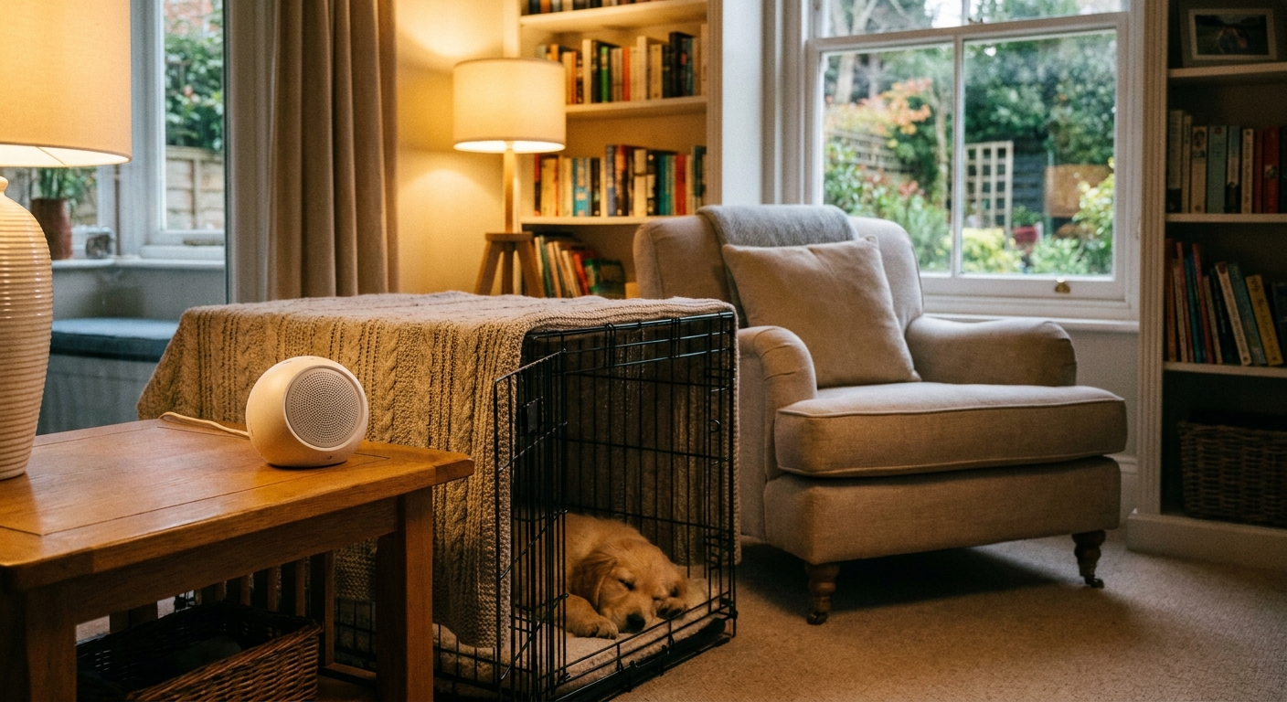 A small white noise machine sitting on a table near a puppy crate in a cozy living room
