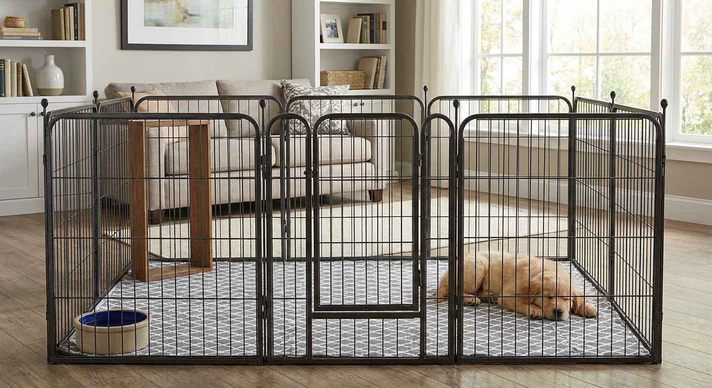 A sturdy metal exercise pen set up in a living room with a washable mat on the floor and a water bowl placed in a stable corner