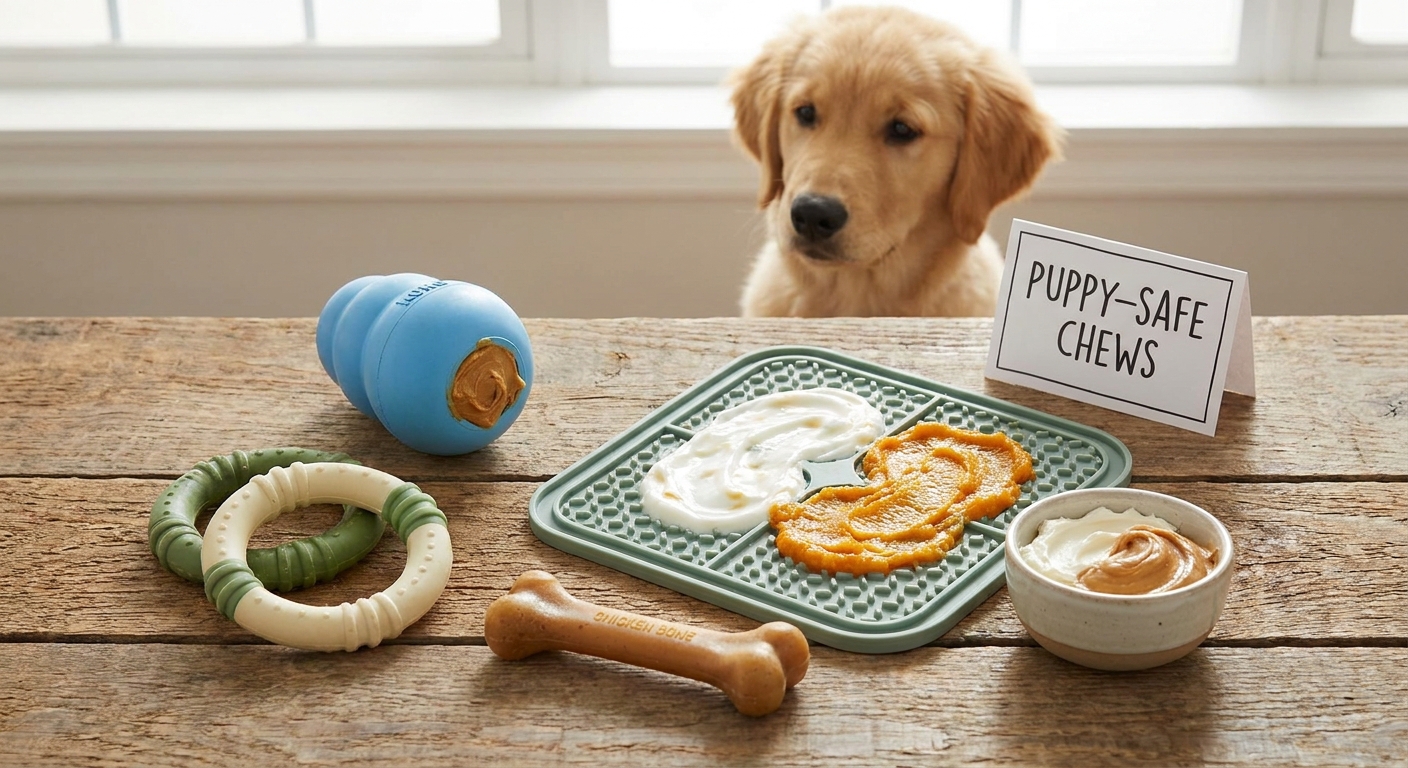 A tabletop display of several puppy-safe chew options including a rubber stuffable toy, a textured teething ring, a nylon chew sized for puppies, and a lick mat next to a small bowl of dog-safe spread
