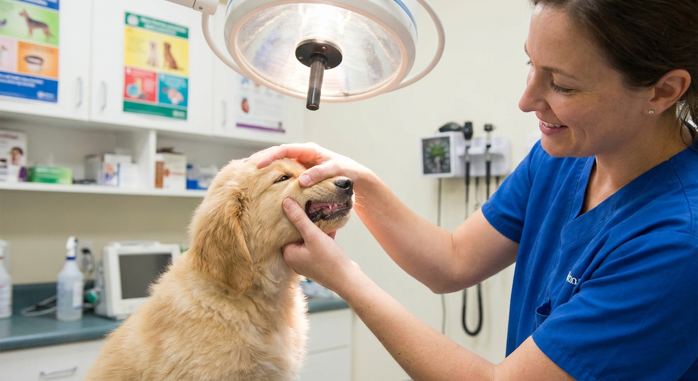 A veterinarian gently lifting a puppy's lip to check gum color under bright exam room lighting
