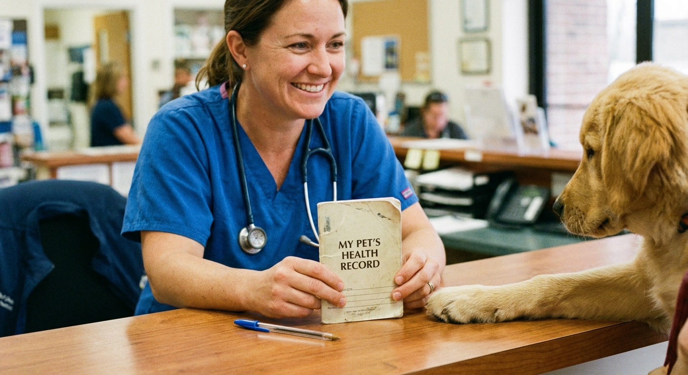 A veterinarian holding a small pet health record booklet next to a pen on a clinic counter, with a puppy paw resting near the booklet