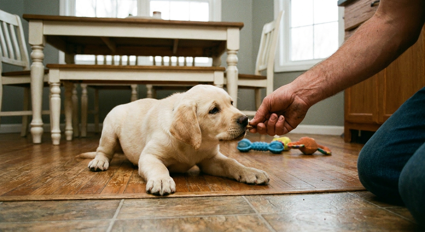 A yellow Labrador puppy following a treat held just in front of its nose while learning a down position on a kitchen floor