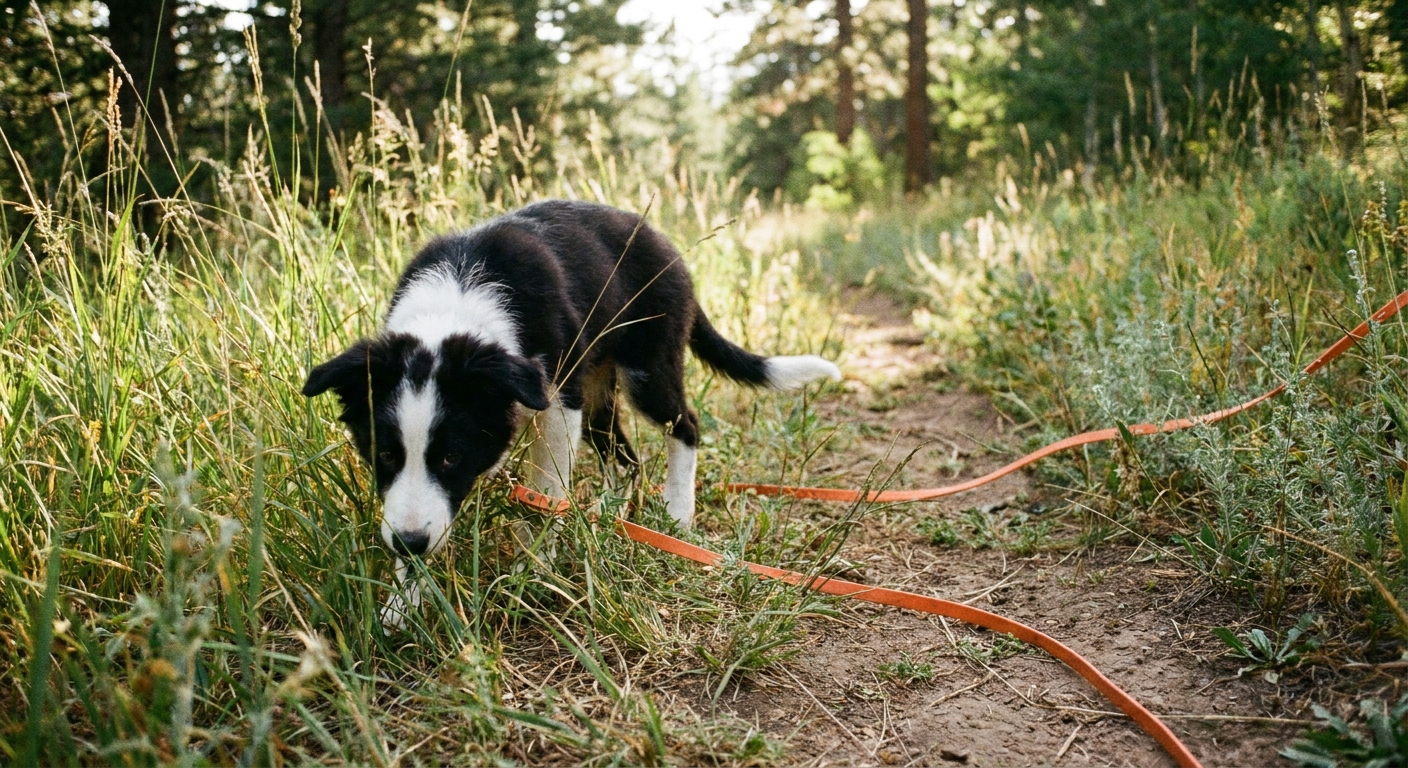 A young Border Collie puppy sniffing through tall grass on a nature trail, nose down and tail relaxed, with a long line leash trailing safely