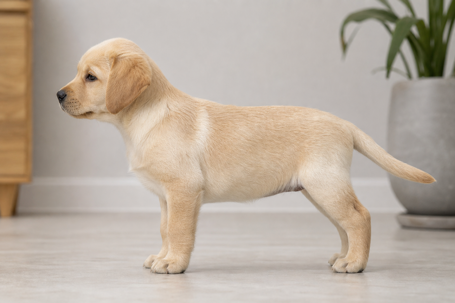 A young Labrador retriever puppy standing naturally in profile on a flat surface, showing a visible waist and slight abdominal tuck