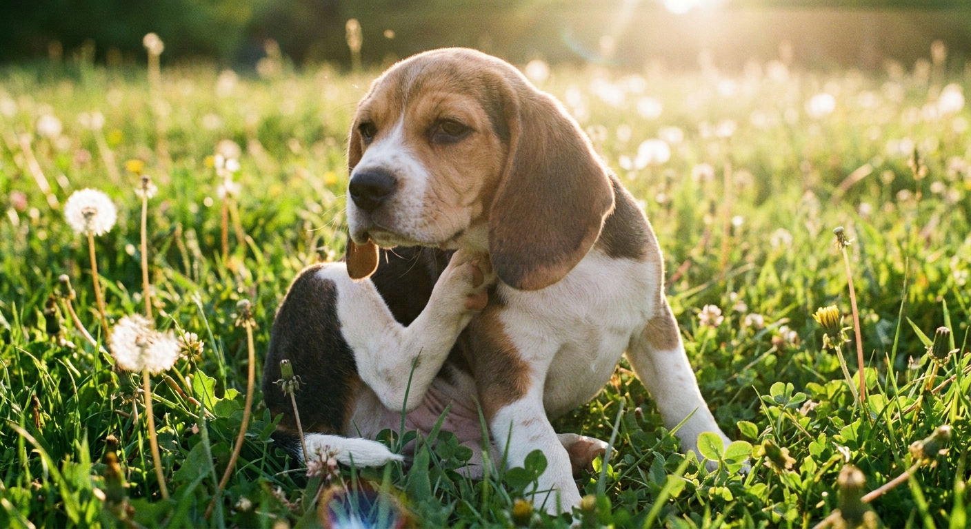 A young beagle puppy sitting in green grass and gently scratching its neck with a hind leg on a sunny day