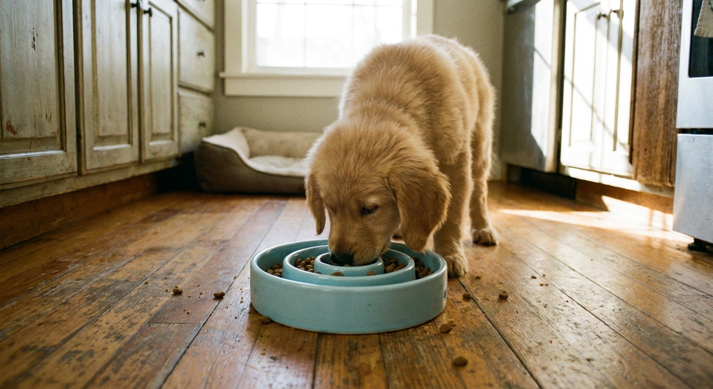 A young puppy eating kibble from a slow feeder bowl on a kitchen floor