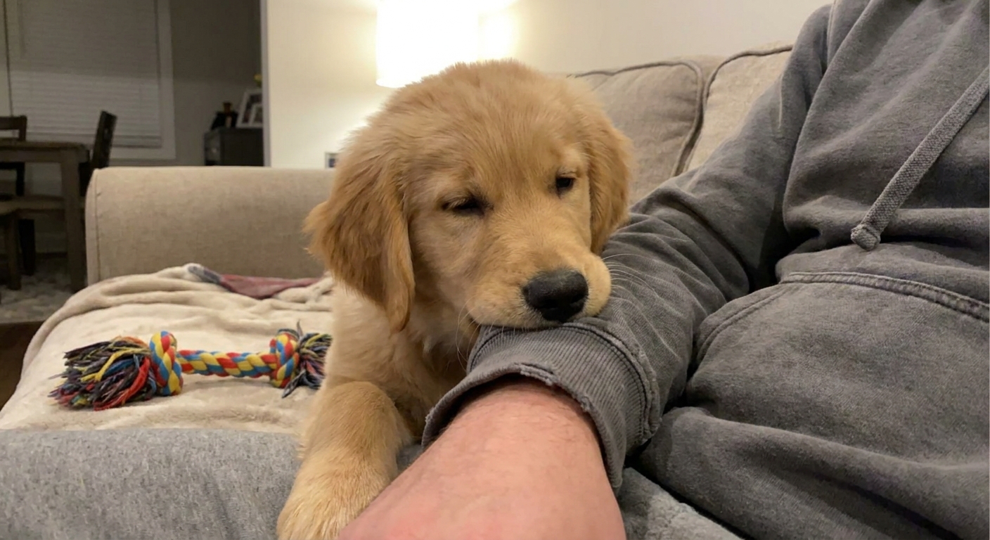 A young puppy indoors gently tugging on a person’s sweatshirt sleeve during play, showing mouthy overtired behavior