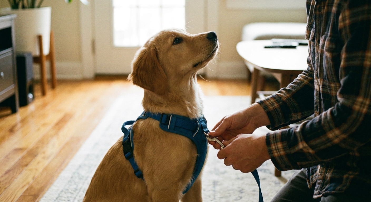 A young puppy wearing a well-fitted front-clip harness indoors while an owner clips a leash to the front ring