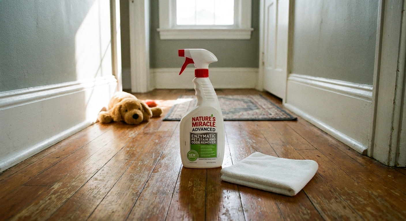 An enzymatic pet stain and odor remover spray bottle on the floor next to a clean cloth in a home hallway